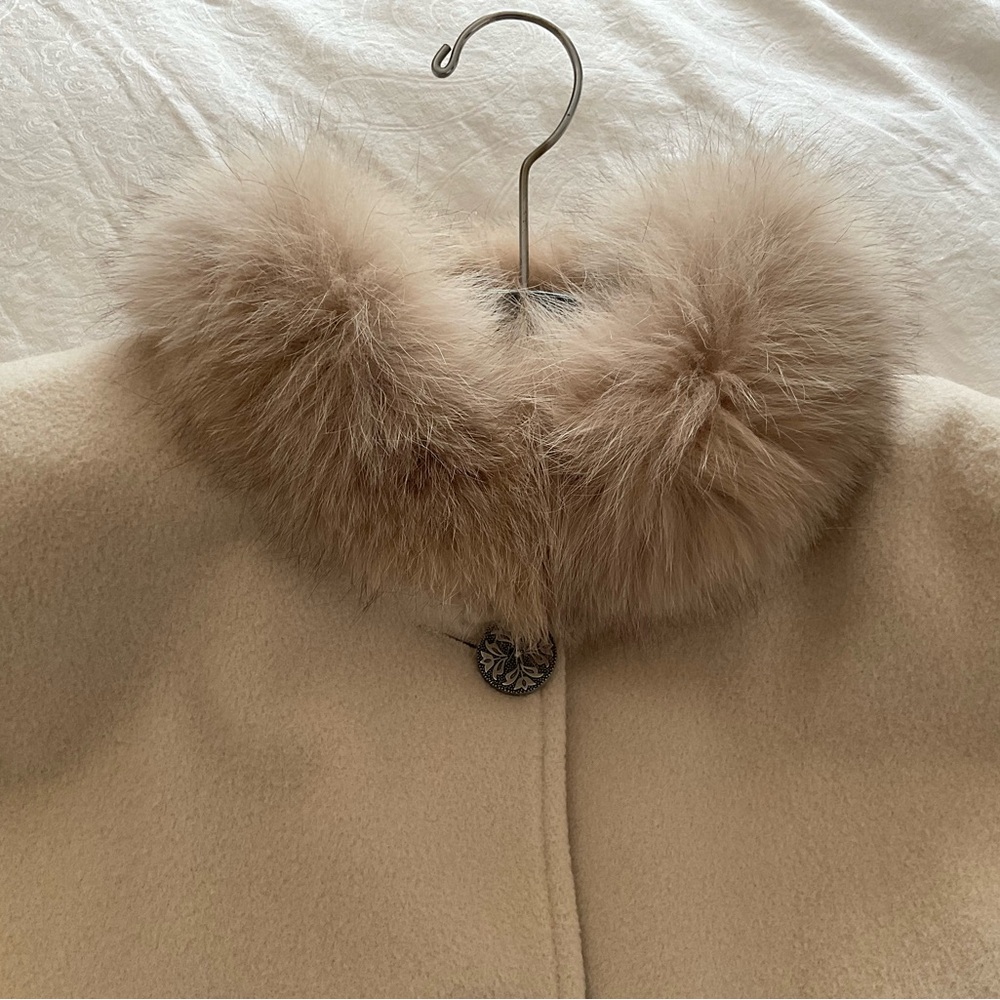 Elegant Tan Long Coat with real fox collar